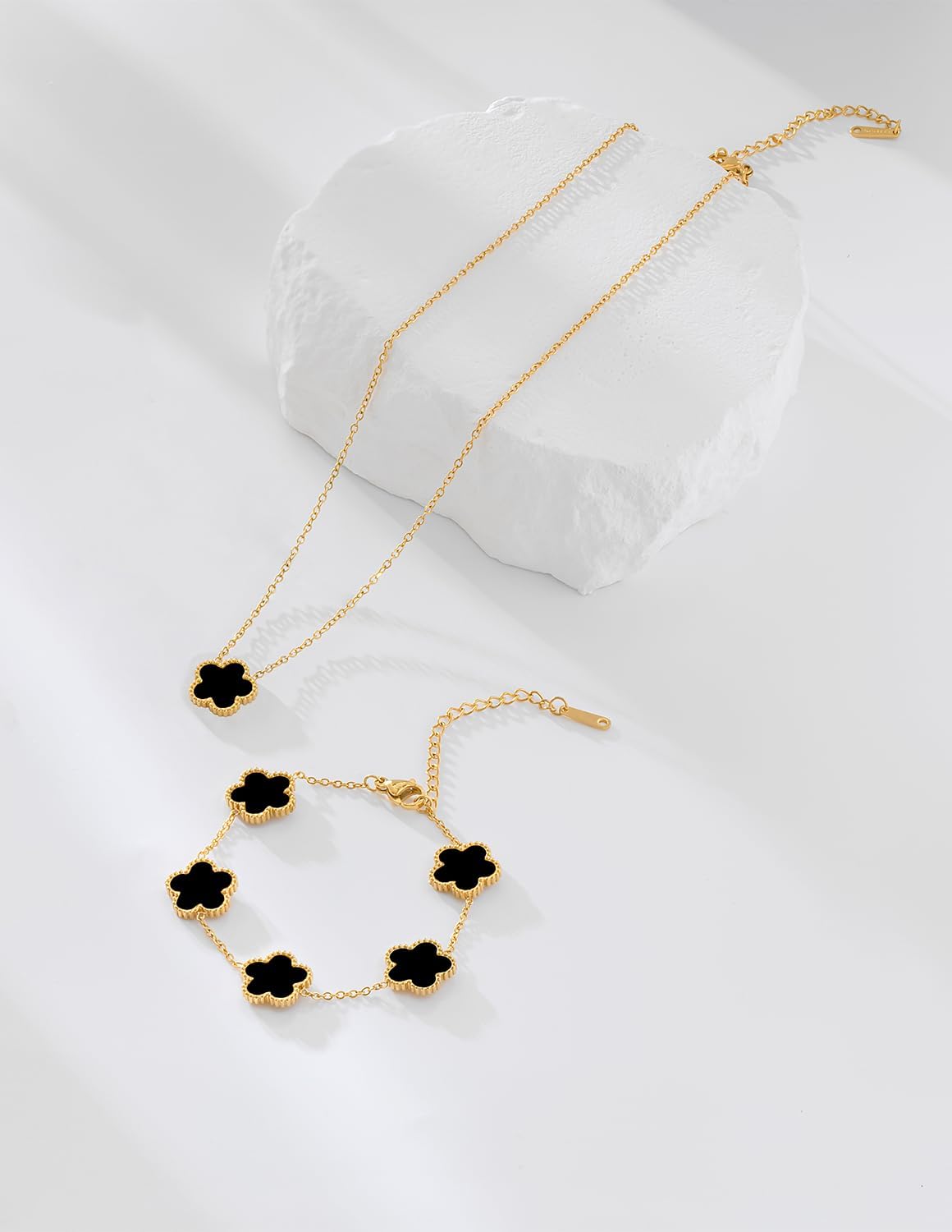 Set colier și brățară, auriu, din oțel inoxidabil, suflat cu aur 18k, cu trifoi negru