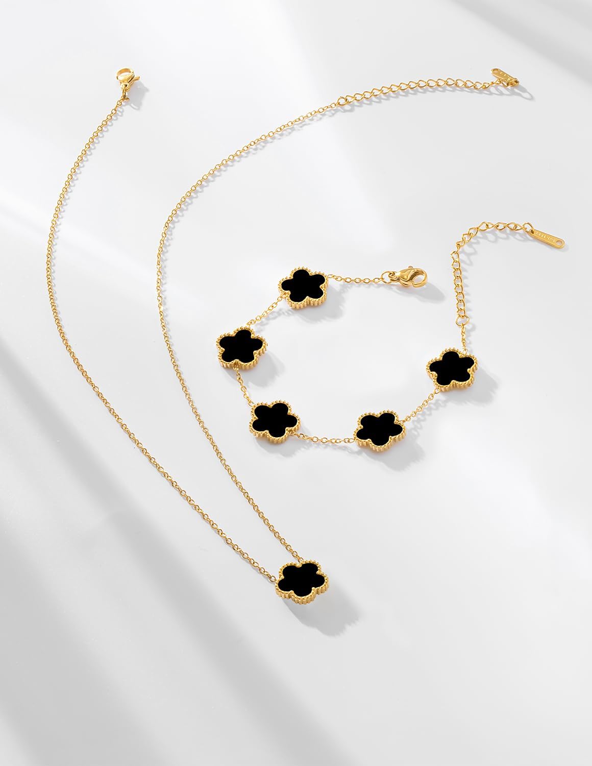 Set colier și brățară, auriu, din oțel inoxidabil, suflat cu aur 18k, cu trifoi negru