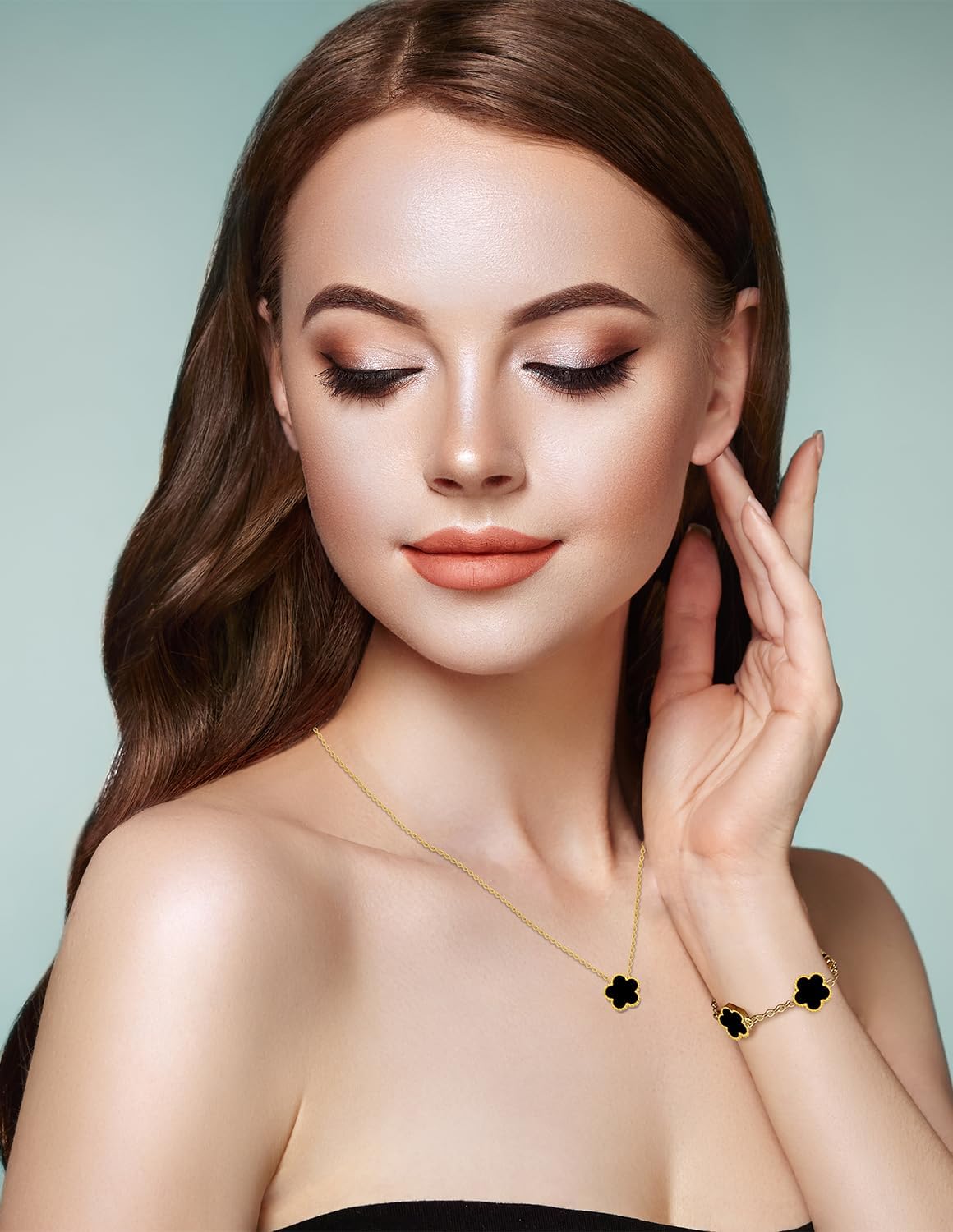 Set colier și brățară, auriu, din oțel inoxidabil, suflat cu aur 18k, cu trifoi negru